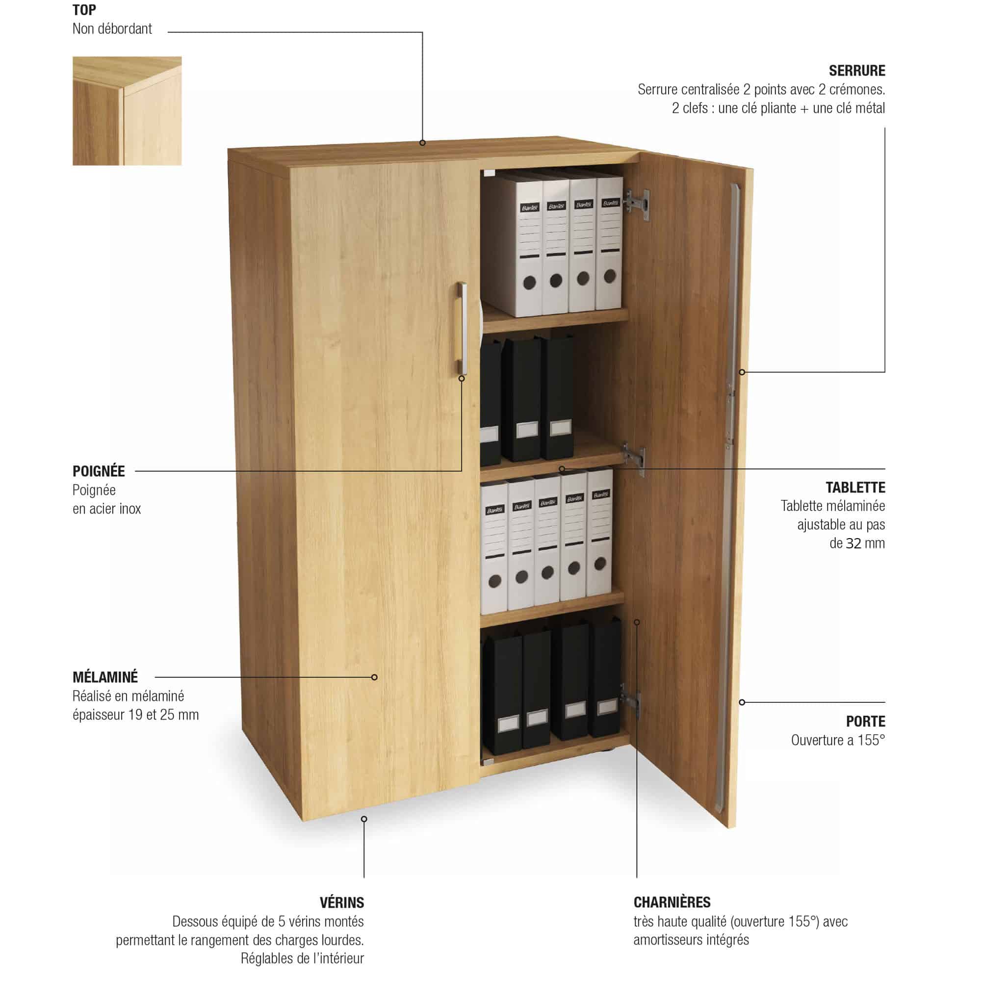 Armoire basse en bois monobloc H100 L80 avec étagères ajustables et serrure à deux points.