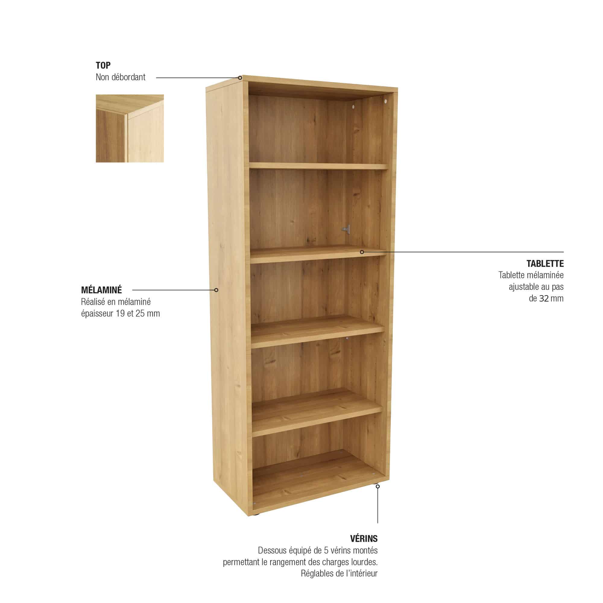 Rangement haut en bois monobloc H198 L100 en mélaminé, étagères réglables, finition naturelle.