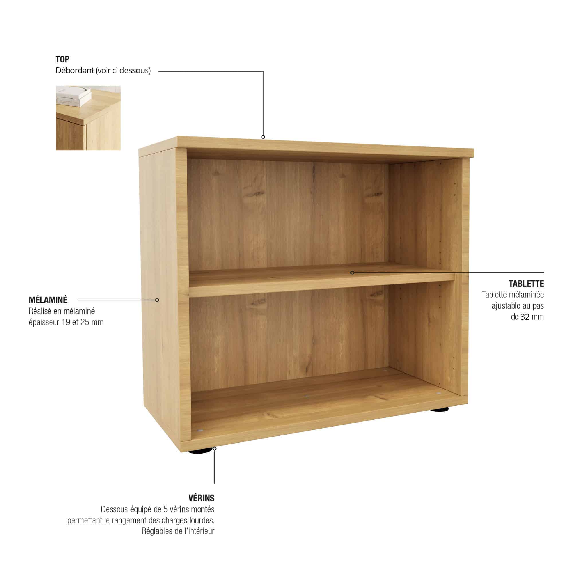 Armoire de rangement monobloc en bois, hauteur 73 cm, largeur 100 cm, avec tablette en mélamine ajustable.