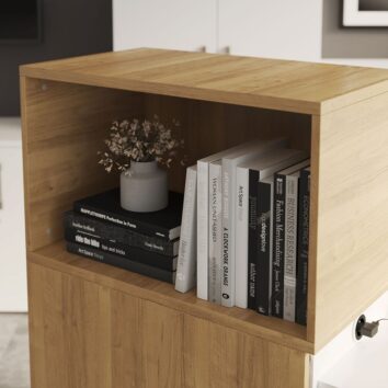 Niche en bois pour caisson Tower, hauteur de bureau H120, avec livres et décoration.