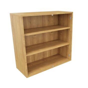 Rangement bas en bois monobloc en mélamine, dimensions H100 L100, avec trois étagères ouvertes.
