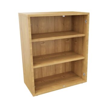 Rangement bas en bois monobloc, H100 L80, avec trois étagères ouvertes, finition mélamine naturelle.