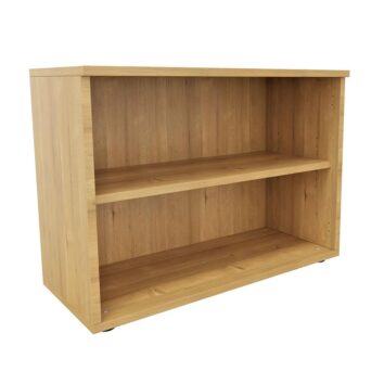 Rangement en bois mélaminé monobloc, hauteur 73 cm, longueur 100 cm, avec étagère ouverte pour bureau.