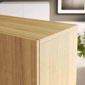 Rangement bas en bois, monobloc, finition mélaminée, dimensions H100 L80. Design épuré et moderne.