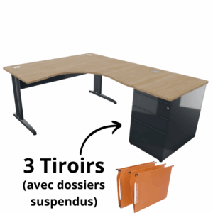 Bureau d'angle symétrique en bois clair avec caisson 3 tiroirs intégrés, Gamme Ligne PLUS.