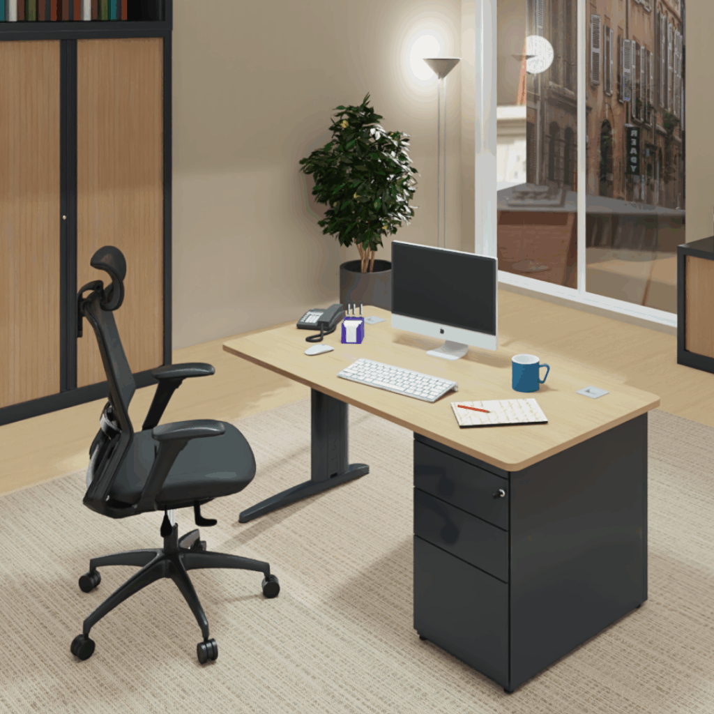 Bureau L 160 ou 180 cm avec Caisson Porteur - Gamme Ligne PLUS- ambiance simple Bureau L 160 ou 180 cm avec Caisson Porteur - Gamme Ligne PLUS- ambiance simple