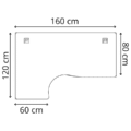 Plan d'un bureau d'angle asymétrique gauche de 160 cm, Gamme Ligne PLUS, avec dimensions indiquées.