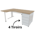 Bureau d'angle asymétrique 160x120 cm avec caisson porteur à 4 tiroirs, retour à droite, Gamme Ligne PLUS.