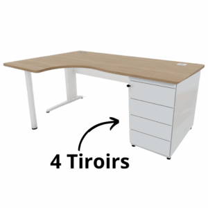 Bureau d'angle asymétrique 160x120 cm avec caisson porteur à 4 tiroirs, retour à droite, Gamme Ligne PLUS.