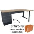Bureau d’angle asymétrique avec caisson à 3 tiroirs pour dossiers suspendus, Gamme Ligne PLUS.