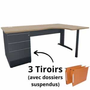 Bureau d’angle asymétrique avec caisson à 3 tiroirs pour dossiers suspendus, Gamme Ligne PLUS.