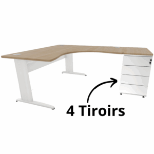 Bureau d'angle symétrique de la gamme Ligne PLUS avec caisson à 4 tiroirs, finition bois et métal blanc.