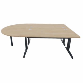 Bureau double convivial de la gamme Ligne Plus, avec plateau en bois et pieds métalliques noirs.