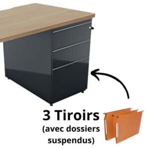 Bureau avec caisson porteur à trois tiroirs, gamme Ligne Élégance, pour dossiers suspendus.