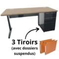 Bureau avec caisson porteur à trois tiroirs pour dossiers suspendus, Gamme Ligne PLUSet. Plateau en bois et pieds métalliques.