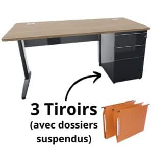 Bureau avec caisson porteur à trois tiroirs pour dossiers suspendus, Gamme Ligne PLUSet. Plateau en bois et pieds métalliques.