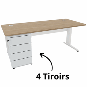 Bureau avec caisson porteur à 4 tiroirs, 160x80 cm, de la gamme Ligne PLUSet, surface bois clair.