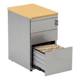 Caisson hauteur bureau à 3 tiroirs en métal gris avec plateau bois, tiroir inférieur ouvert pour dossiers suspendus.