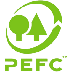 Logo PEFC vert, symbolisant la gestion durable des forêts, avec un arbre et un cercle autour.