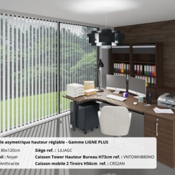 Bureau d'angle asymétrique en noyer avec hauteur ajustable, gamme Ligne PLUS, écran d'ordinateur et étagères.