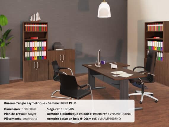 Bureau d'angle asymétrique de la gamme Ligne PLUS en noyer et anthracite, avec mobilier de bureau.