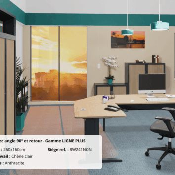 Bureau en angle avec retour, Gamme Ligne Plus, en chêne naturel et anthracite, chaise de bureau incluse.