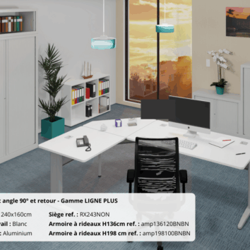 Bureau d'angle 90° avec retour, blanc, piétements en aluminium, gamme LIGNE PLUS, idéal pour espace moderne.