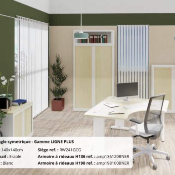 Bureau d'angle symétrique de la gamme Ligne PLUS, finition érable et blanc, avec mobilier moderne.