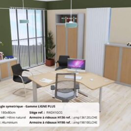 Bureau d'angle symétrique de la gamme Ligne PLUS avec plan en hêtre et piétements en aluminium.