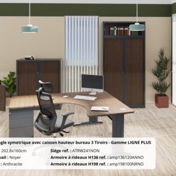 Bureau d'angle symétrique en noyer avec piétements anthracite, gamme Ligne PLUS. Intérieur moderne et fonctionnel.