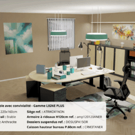 Bureau double moderne avec espace convivial, chêne clair et blanc, Gamme Ligne Plus.