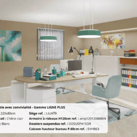 Bureau double convivialité de la gamme Ligne Plus, en chêne clair et blanc, avec accessoires de rangement.