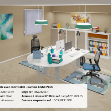 Bureau double en bois clair et blanc, avec sièges noirs, étagères et décorations, dans un espace lumineux.