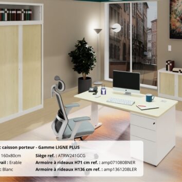 Bureau avec caisson porteur, gamme Ligne PLUS, en érable et blanc, avec chaise moderne et étagères en arrière-plan.