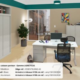 Bureau avec caisson porteur, Gamme Ligne PLUSet, 180x80cm, blanc et aluminium, avec étagères et chaise noire.