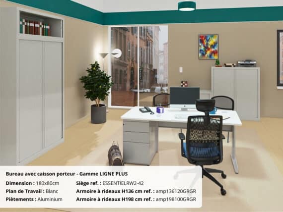 Bureau avec caisson porteur, Gamme Ligne PLUSet, 180x80cm, blanc et aluminium, avec étagères et chaise noire.