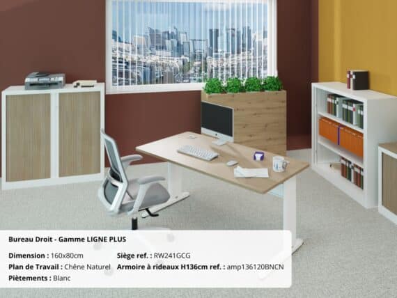 Bureau droit LIGNE PLUS blanc avec plan en chêne naturel, équipé de rangements et chaise ergonomique.