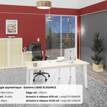 Bureau d'angle asymétrique blanc et érable, gamme Ligne Elegance, avec chaise et rangements en arrière-plan.