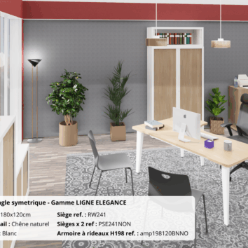 Bureau d'angle asymétrique Ligne Elegance en chêne naturel et blanc, espace moderne et fonctionnel.