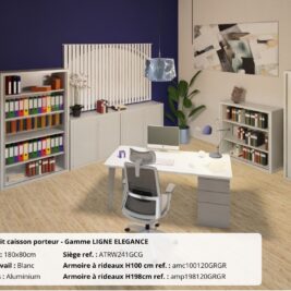 Bureau moderne avec caisson porteur, gamme Ligne ÉLÉGANCE, plan blanc et rangements, ambiance lumineuse.
