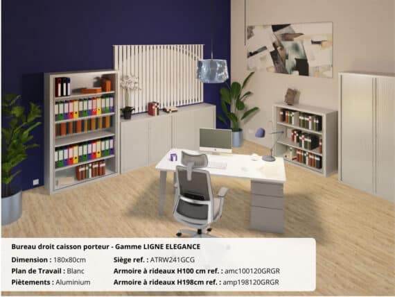 Bureau moderne avec caisson porteur, gamme Ligne ÉLÉGANCE, plan blanc et rangements, ambiance lumineuse.