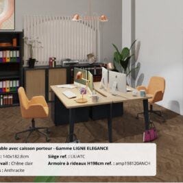 Bureau double avec caisson porteur, finition chêne clair et piétements anthracite, gamme ÉLÉGANCE.