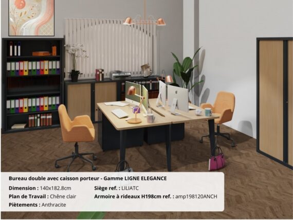 Bureau double avec caisson porteur, finition chêne clair et piétements anthracite, gamme ÉLÉGANCE.