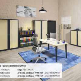 Bureau droit Gamme LIGNE ÉLÉGANCE en érable et anthracite, avec chaise et armoires assorties.