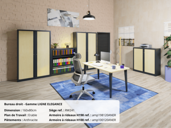 Bureau droit Gamme LIGNE ÉLÉGANCE en érable et anthracite, avec chaise et armoires assorties.