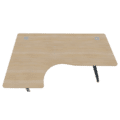 Bureau d’angle asymétrique en bois clair, Gamme Ligne PLUS, vue de dessus, pieds métalliques.