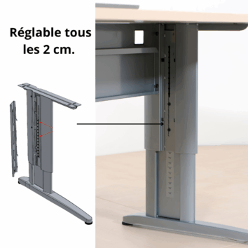 Bureau d'angle symétrique avec hauteur réglable, détail de mécanisme de réglage tous les 2 cm, Gamme Ligne PLUS.