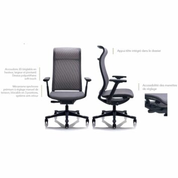 Fauteuil Manager Ergonomique "ErgoMaster RX2" en gris foncé, avec accoudoirs 3D et appui-tête intégré.