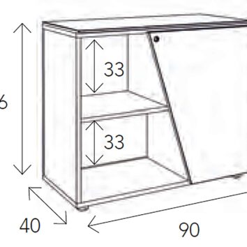 Croquis d'une armoire basse gamme "PyraKhafre", dimensions : H. 76 cm, L. 90 cm, P. 40 cm, avec étagères.