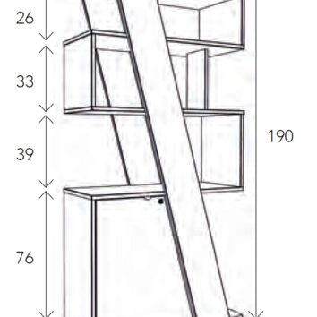 Croquis de la bibliothèque de la gamme "PyraKhafre" avec des étagères inclinées, H. 190 cm.